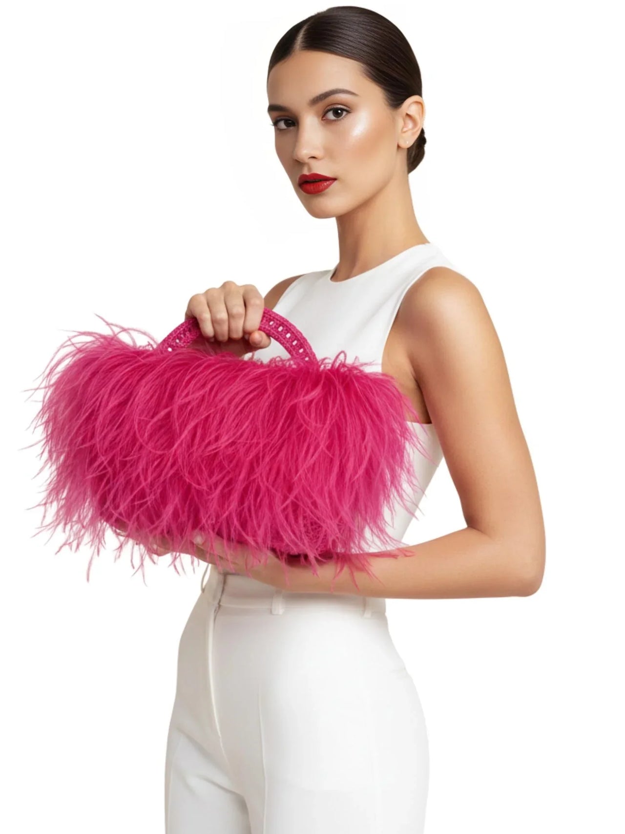 Pearl Beaded Handle Ostrich Feather Handbag