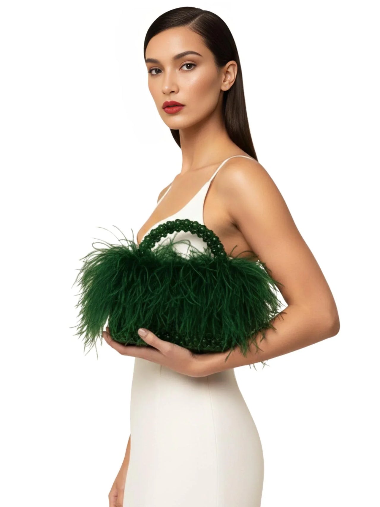 Pearl Beaded Handle Ostrich Feather Handbag