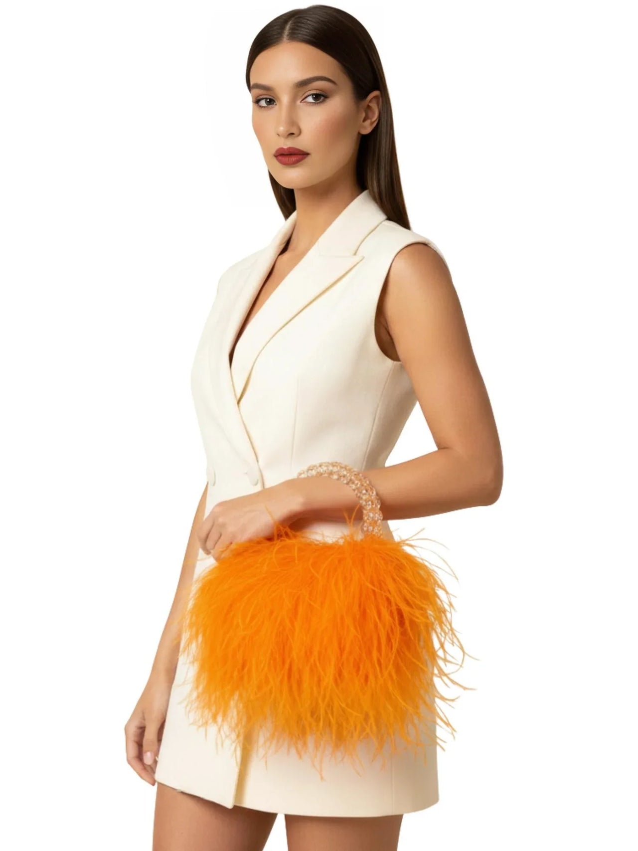 Pearl Beaded Handle Ostrich Feather Handbag