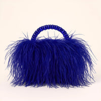 Thumbnail for Blue ostrich feather handbag with beaded handle on a white background