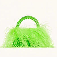 Thumbnail for Neon green handbag with ostrich feathers and beaded handle on a white background
