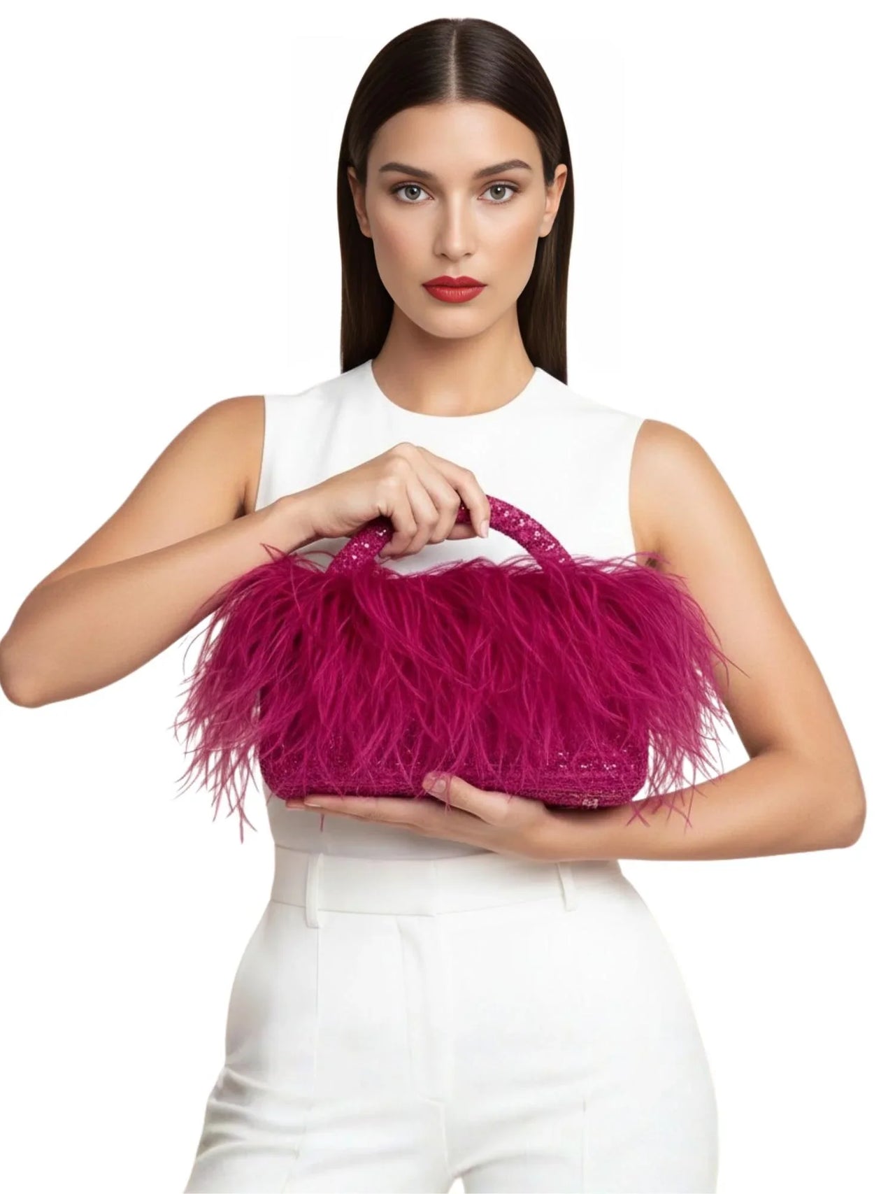 Pearl Beaded Handle Ostrich Feather Handbag