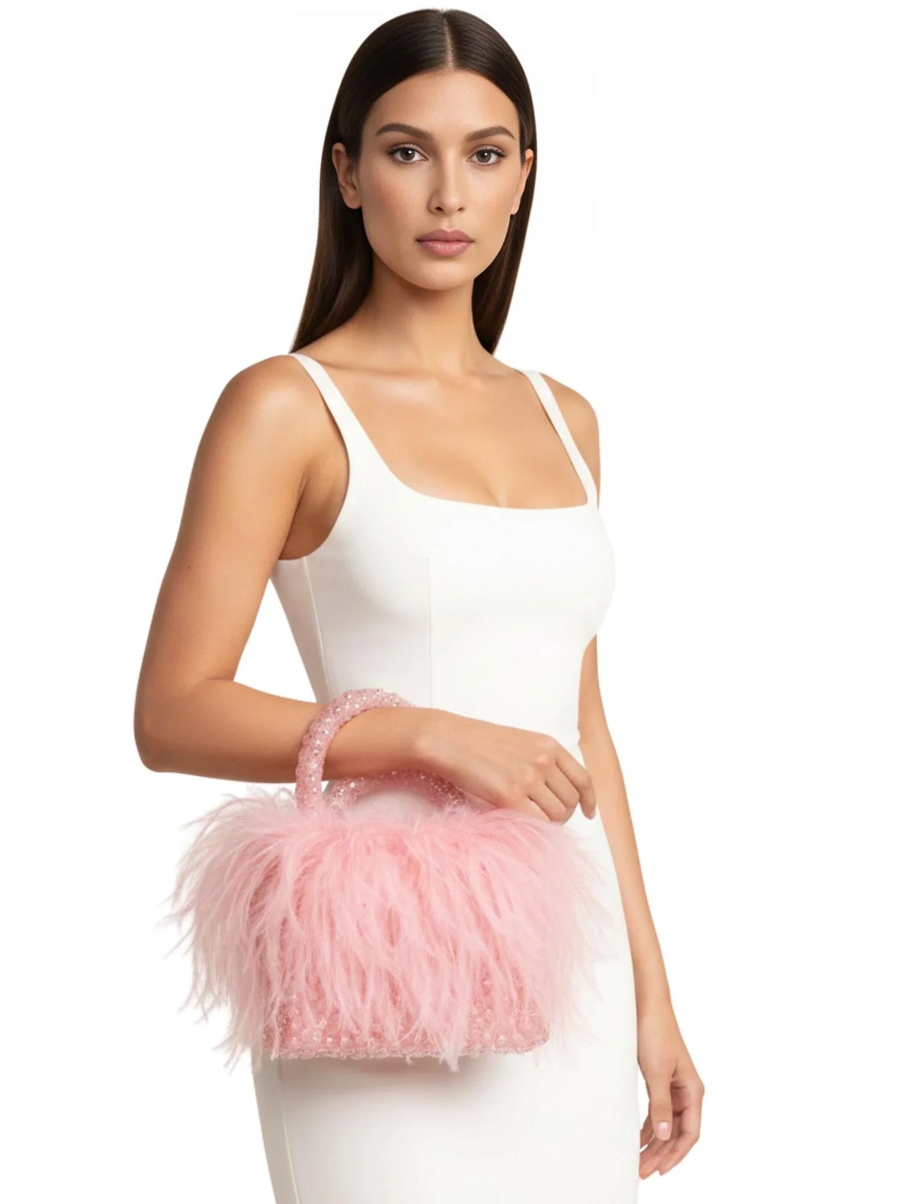 Pearl Beaded Handle Ostrich Feather Handbag
