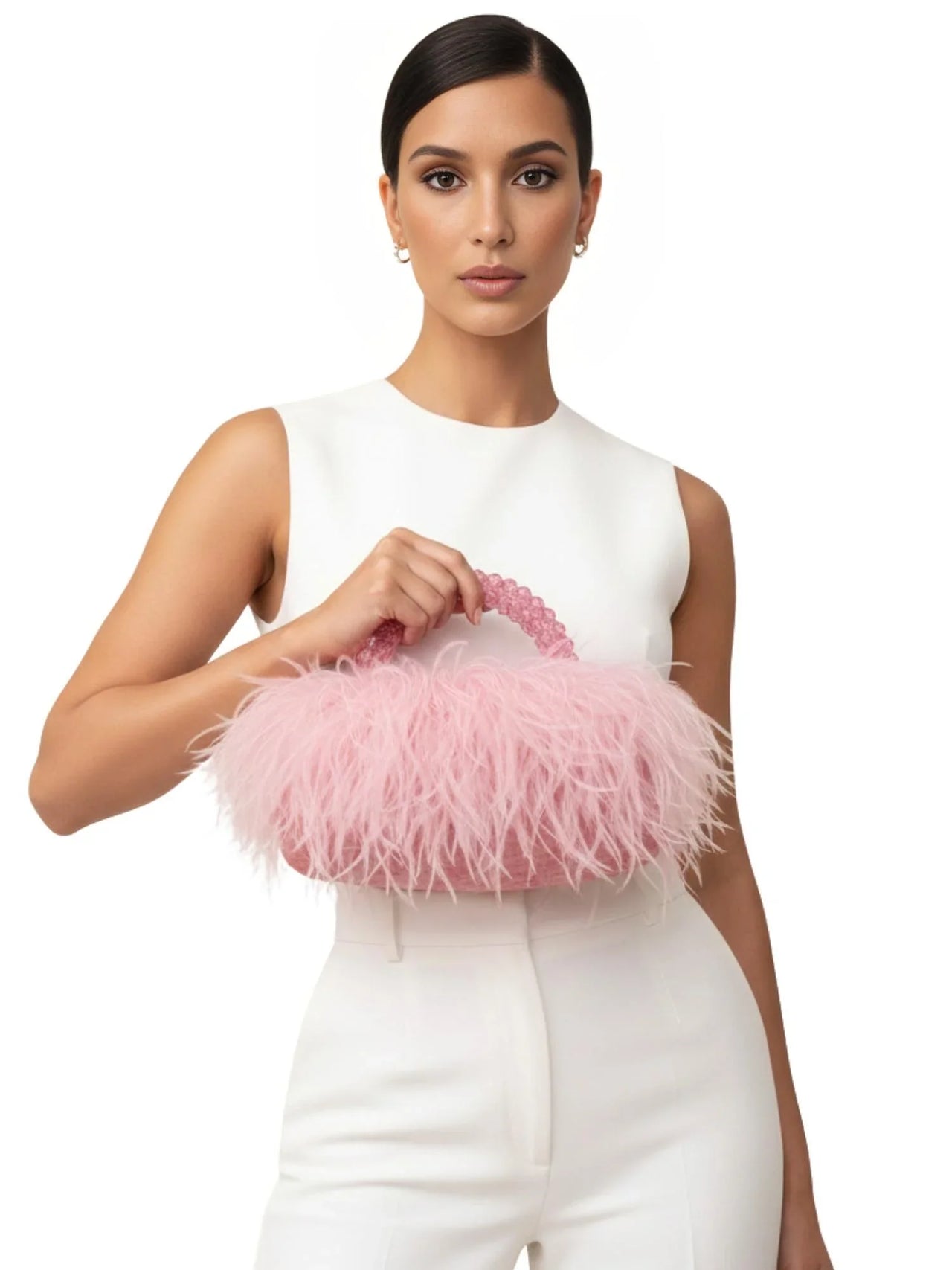 Pearl Beaded Handle Ostrich Feather Handbag