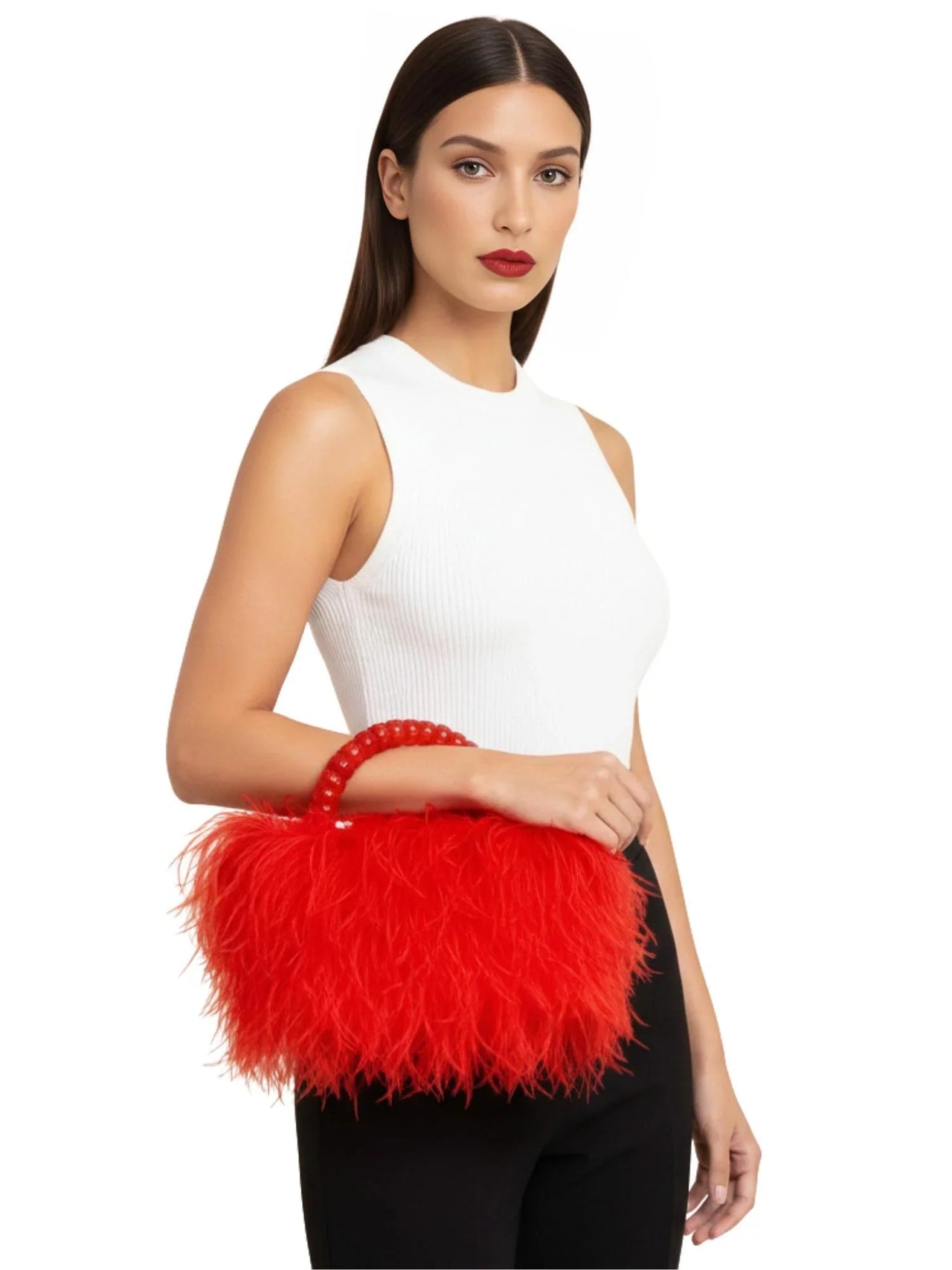 Pearl Beaded Handle Ostrich Feather Handbag