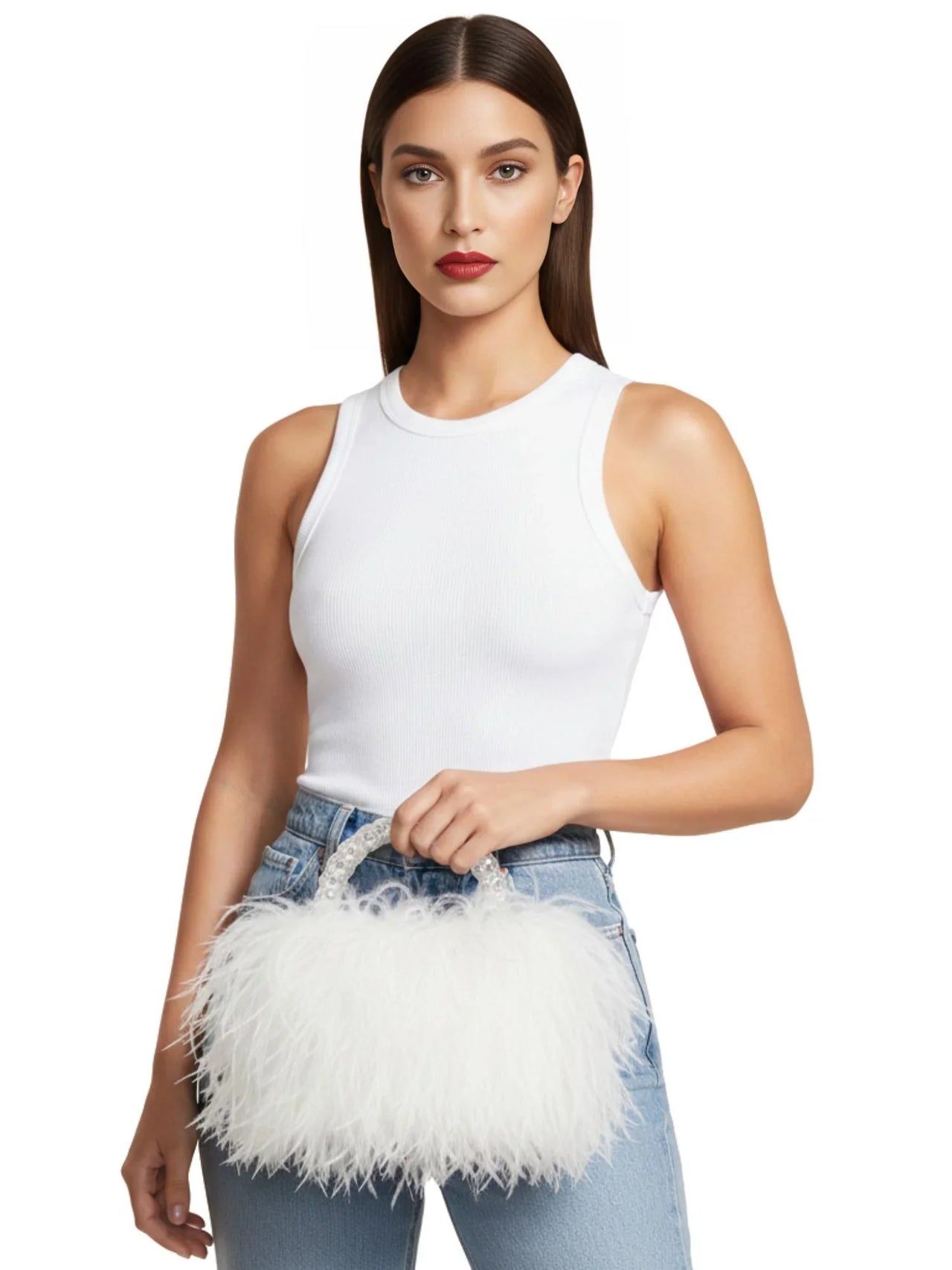 Pearl Beaded Handle Ostrich Feather Handbag