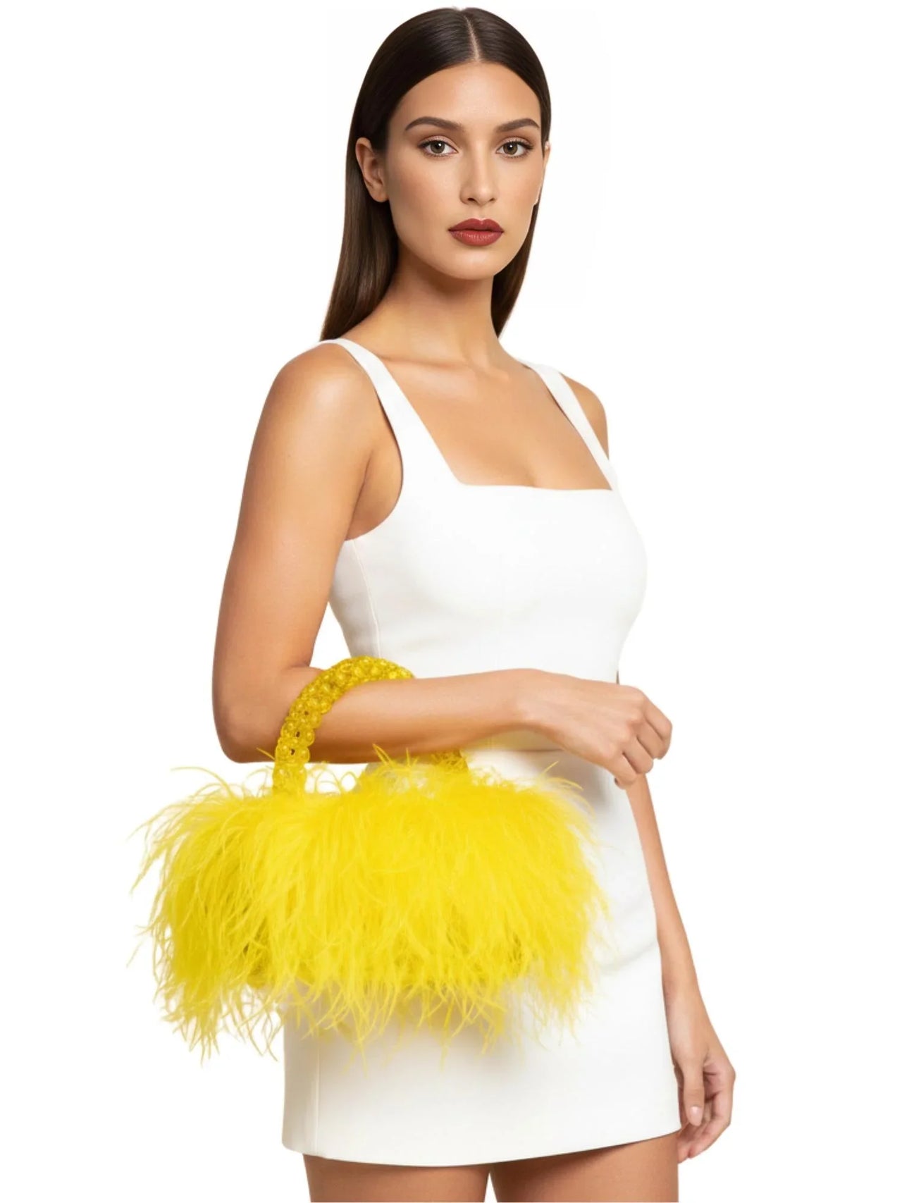 Pearl Beaded Handle Ostrich Feather Handbag