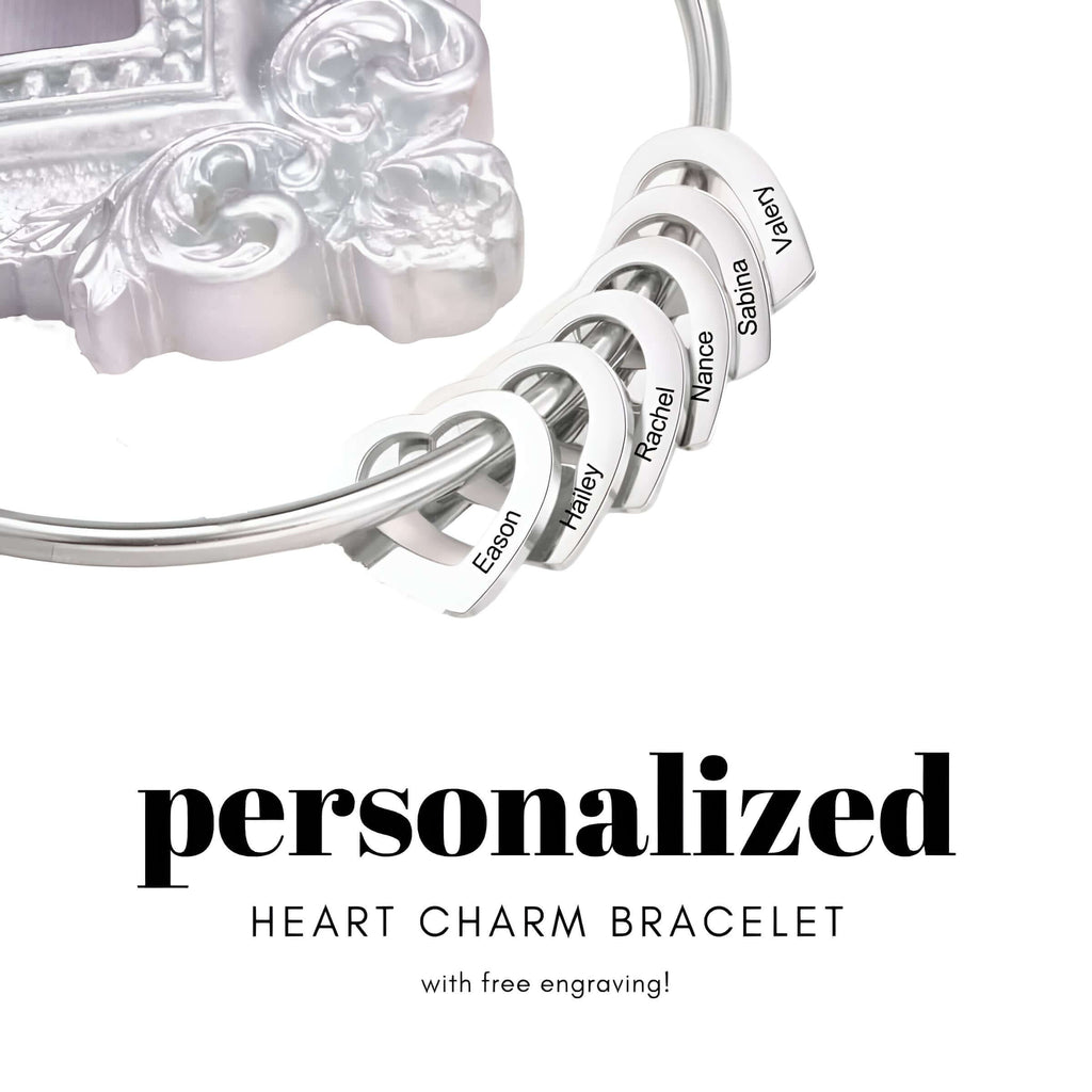 Personalized Engraved Name Heart Charm Silver Bracelet for Women
