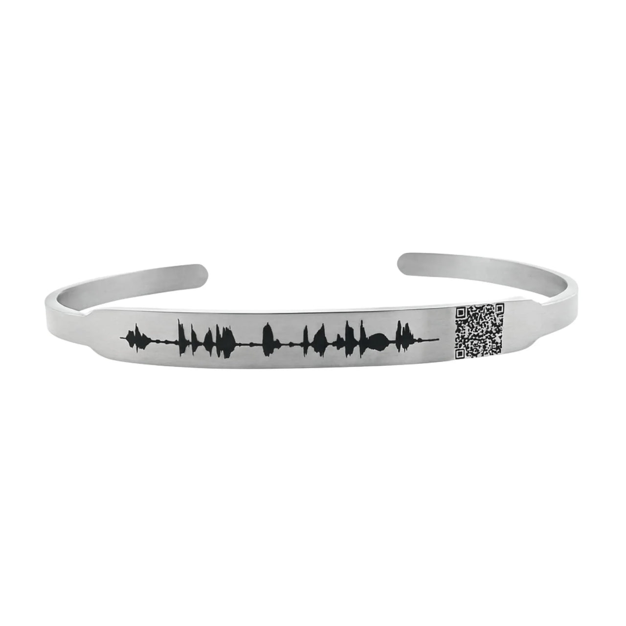 Silver bracelet with sound wave design and QR code on a white background