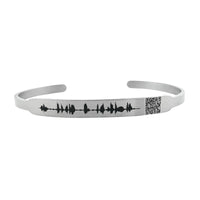 Thumbnail for Silver bracelet with sound wave design and QR code on a white background