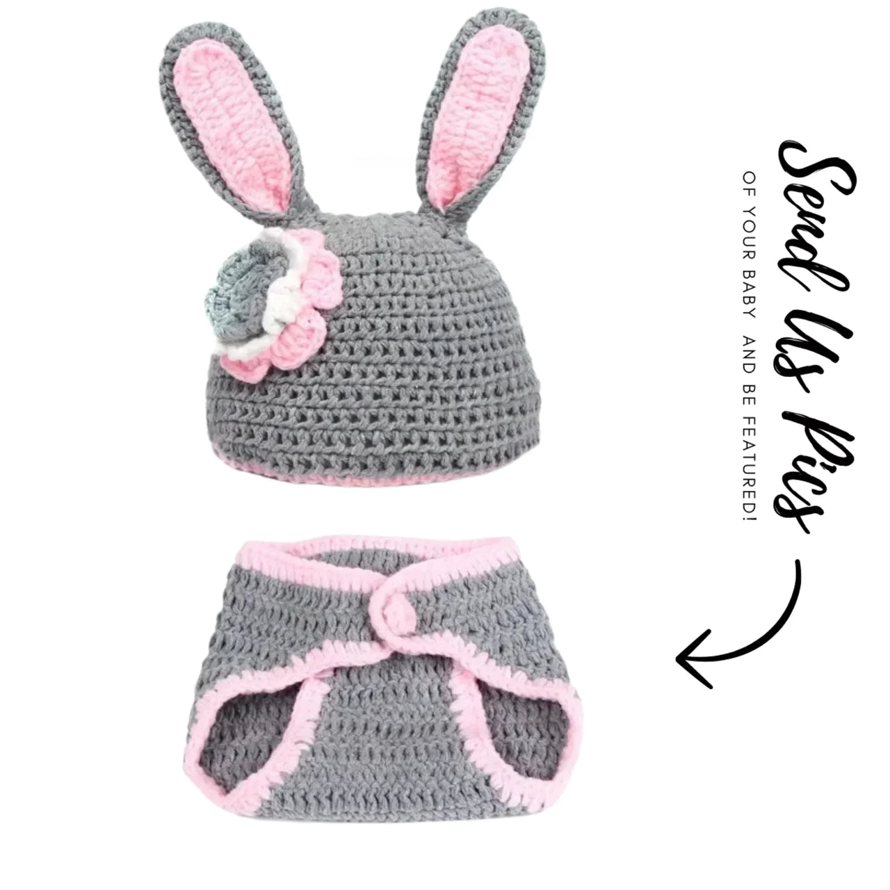 Crocheted bunny hat and diaper set with pink accents on a white background