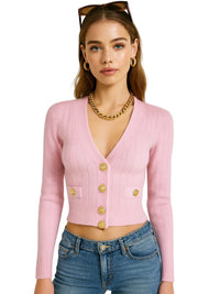 Thumbnail for Woman wearing a pink cardigan with gold buttons and blue jeans on a white background