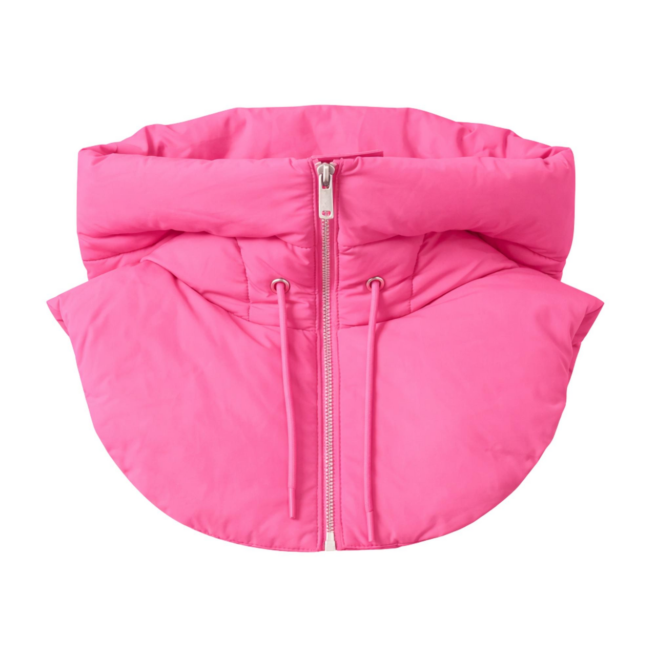 Pink puffer hood with a zipper on a white background