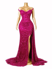 Thumbnail for Pink strapless sequin mermaid evening gown with a high slit on a mannequin against a white background