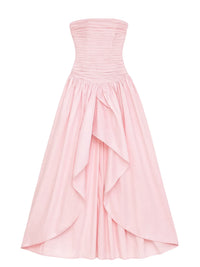 Thumbnail for Pink floral strapless long bubble dress with a high slit on a white background