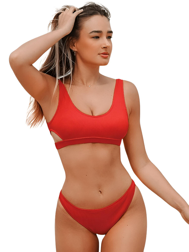 Plain red hollow out padded two-piece swimwear. Shop Drestiny for free shipping and tax payment. Save up to 50% off."