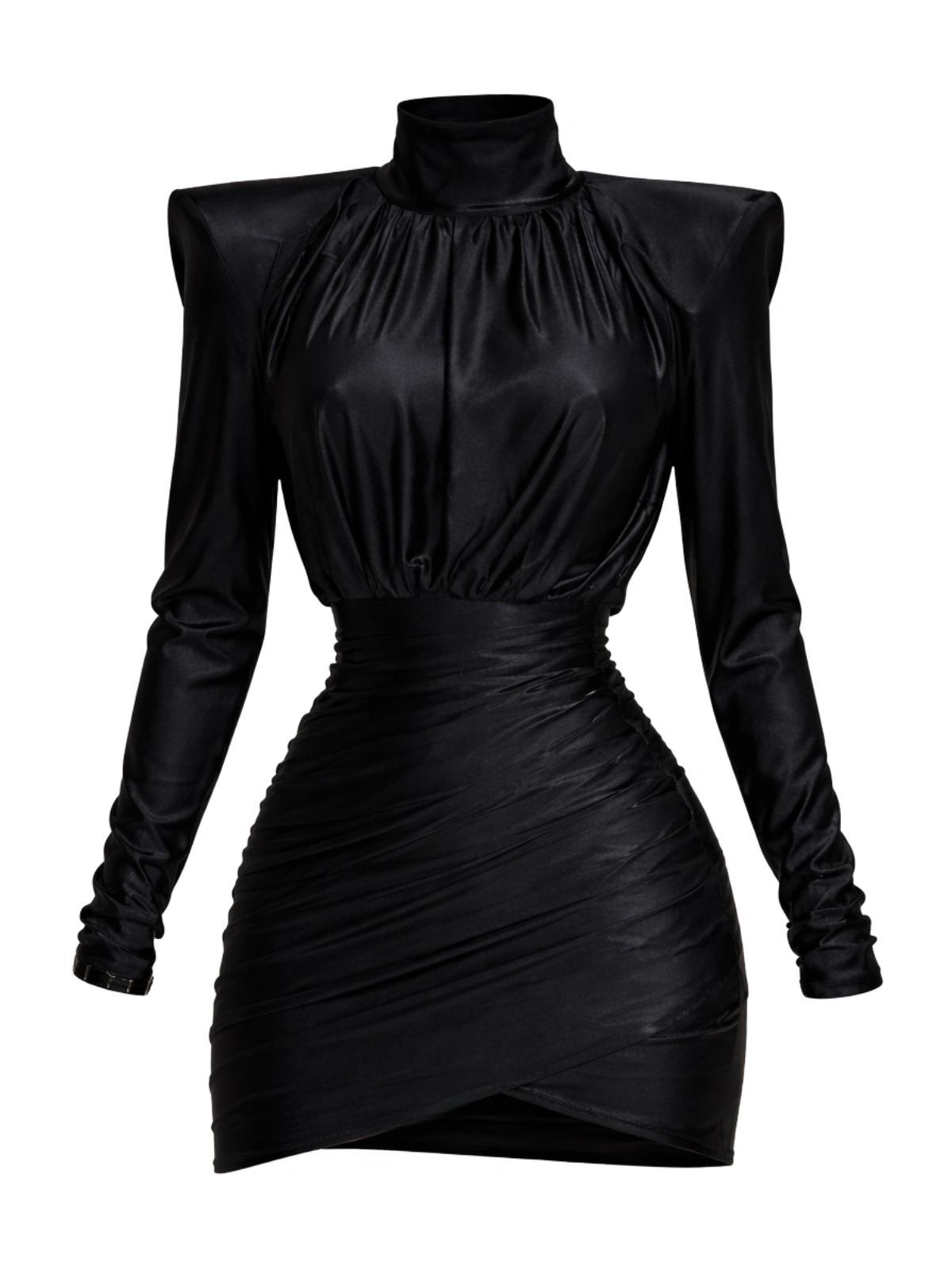 Black long sleeved mini dress with high collar on a white background