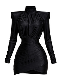 Thumbnail for Black long sleeved mini dress with high collar on a white background