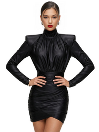 Thumbnail for Woman wearing a black long sleeved mini dress with high collar on a white background. 