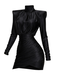 Thumbnail for Black long sleeved mini dress with high collar on a white background.