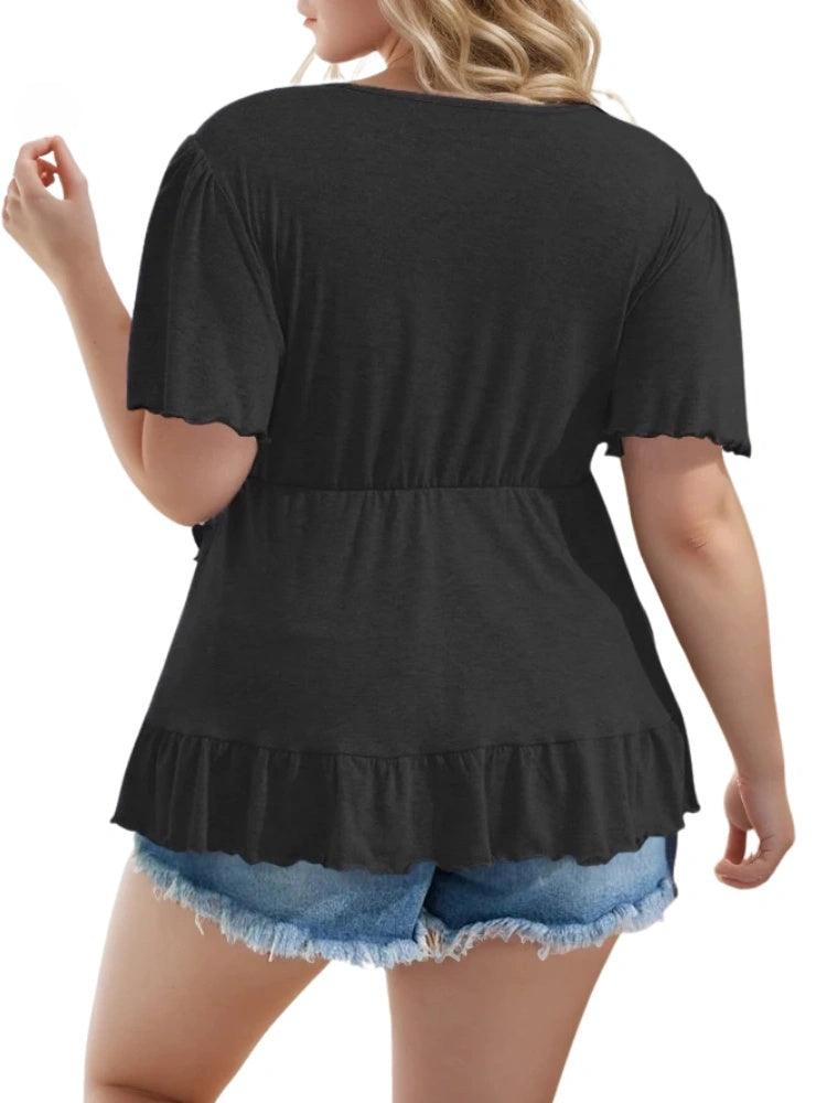 New Women's Ruffled Plus Size Shirts European and American Casual Solid Color Shirts, Drestiny, Casual Shirts, Plus Size Casual Shirts, Short Sleeves, Black, Navy, Purple, Burgundy, XL, XXL, 2XL, 3XL, 4XL, 5XL, United States, USA, Canada, Australia, New Zealand, United Kingdom, UK, plus size ruffle sleeve top, womens plus size ruffled blouse, plus size peplum top with ruffles, ruffled plus size shirt for women, plus size black tops for women, shopdrestiny.com