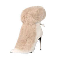 Thumbnail for White high-heeled boot with fluffy beige fur trim on a white background