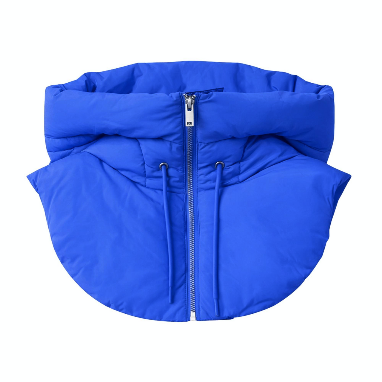 Blue puffer hood with a zipper on a white background