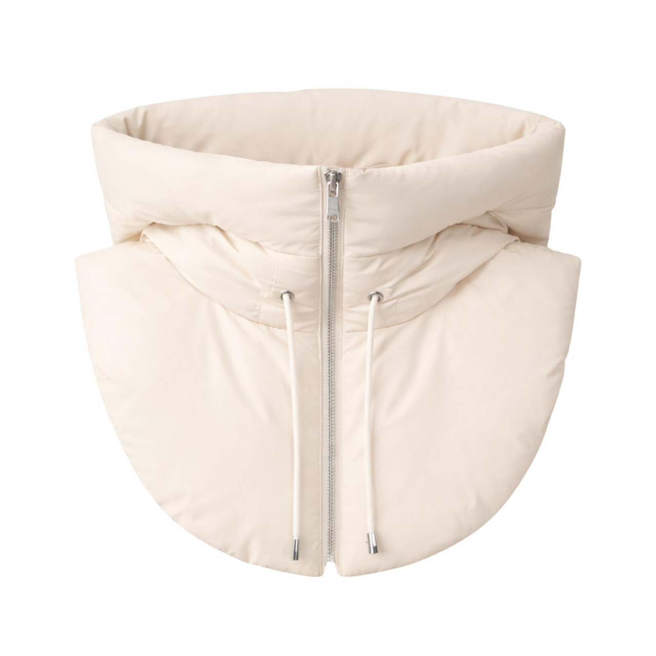 Beige puffer hood with a zipper on a white background