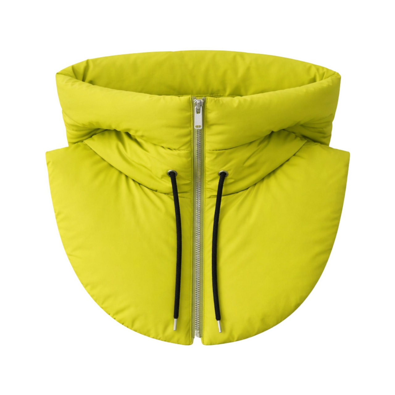 Green yellow puffer hood with a zipper on a white background