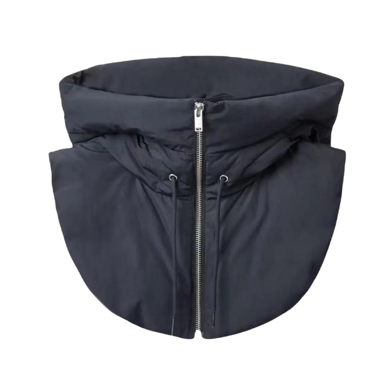 Black hooded garment with a zipper on a white background