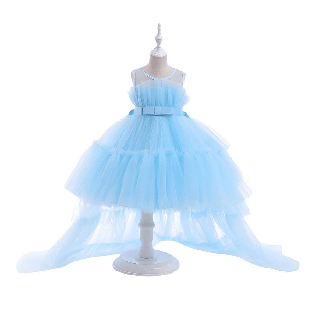 Shop the exquisite Puffy Tulle Girls Light Blue Dress at Drestiny! Perfect for First Communion parties, this trailing dress is a must-have. Enjoy free shipping and let us cover the tax! Save up to 50% off!