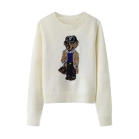 Thumbnail for White sweater with embroidered bear design on a white background