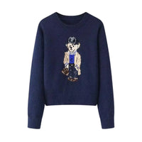 Thumbnail for Navy blue sweater with embroidered bear design on a white background