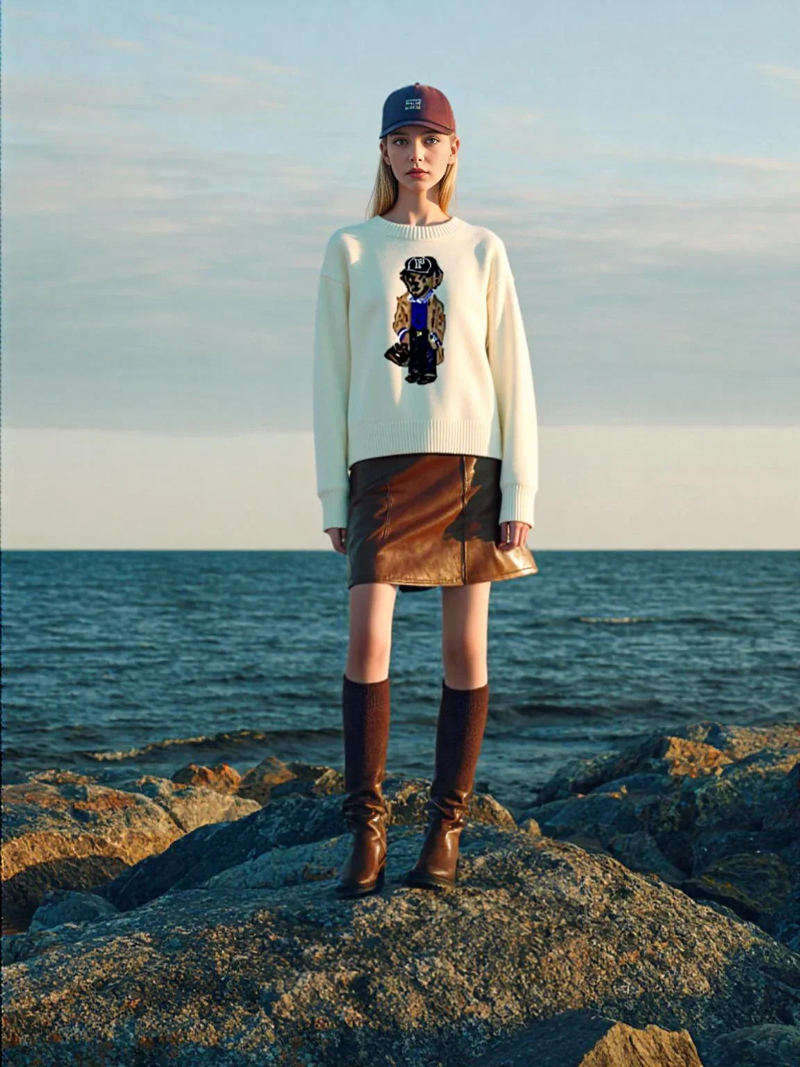 Person standing on a rocky beach wearing a white teddy bear sweater with a design, brown skirt, and brown boots.
