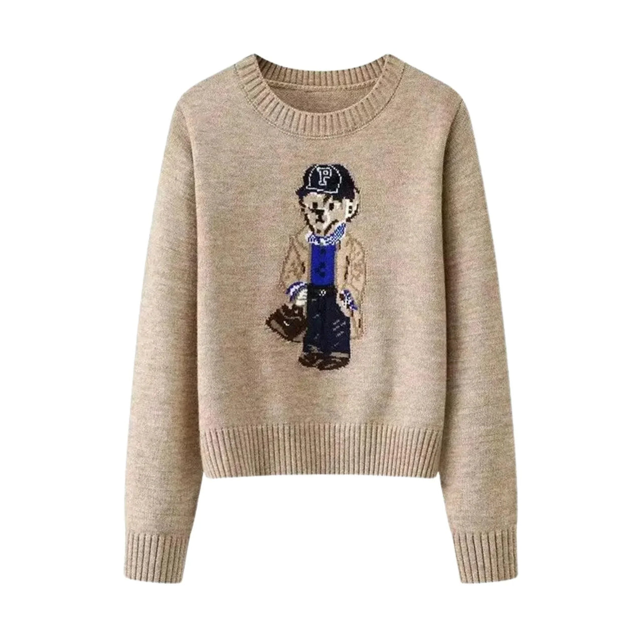 Khaki pullover sweater with a teddy bear graphic on a white background