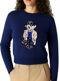 Thumbnail for Navy blue sweater with embroidered bear design worn by a person