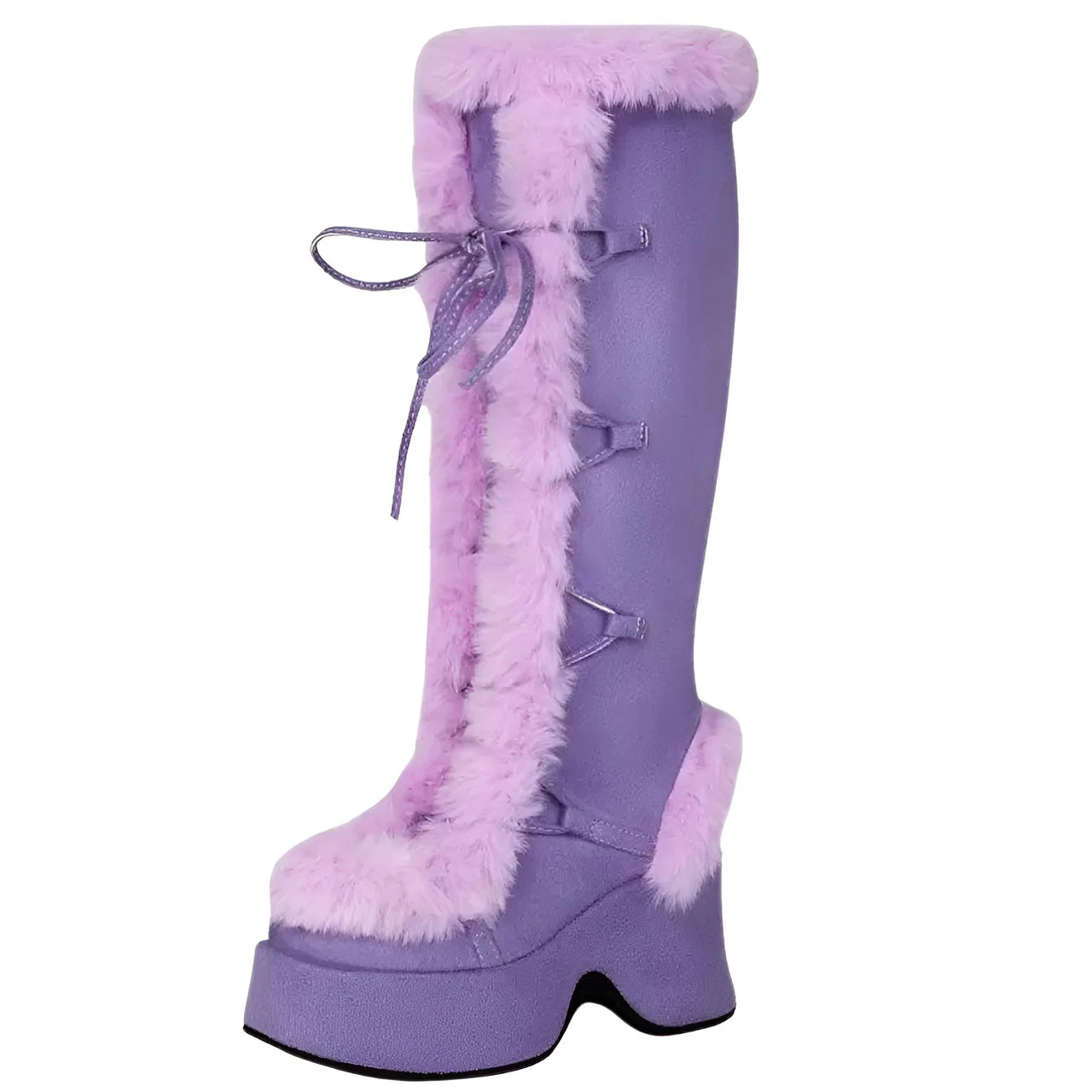 Purple knee-high platform boot with fluffy fur trim on a white background