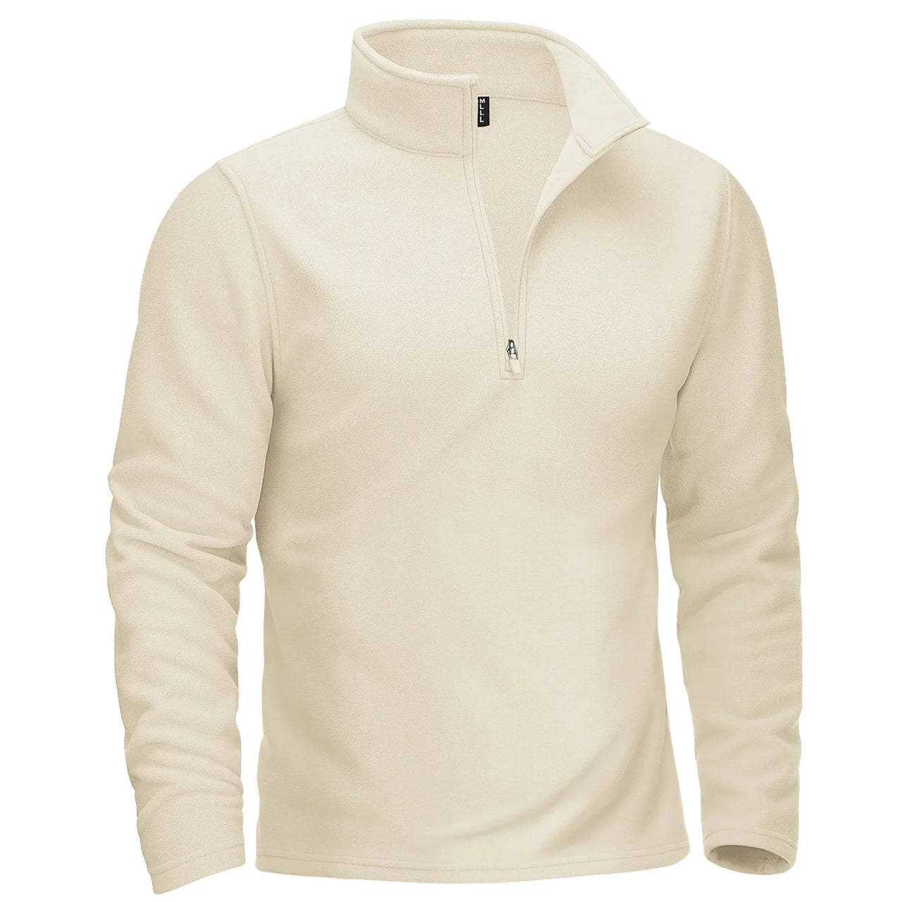 Beige fleece pullover with a quarter zip on a white background
