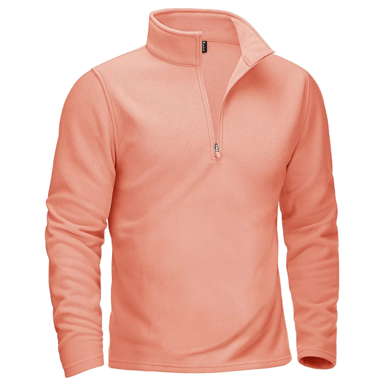 Peach-colored pullover with a quarter zip on a white background