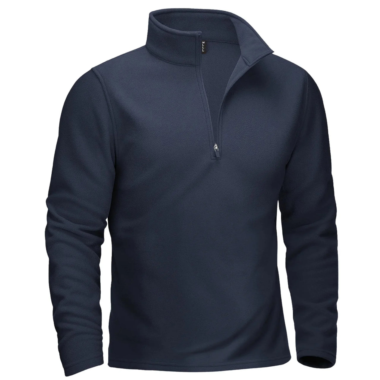 Navy blue pullover with a quarter zip on a white background