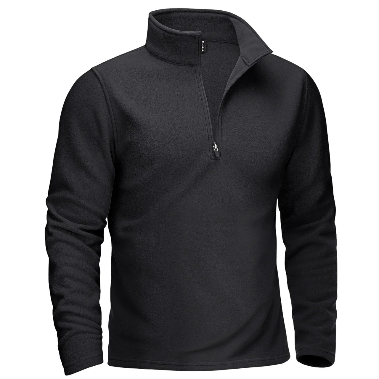 Black long-sleeve pullover with a quarter zip on a white background