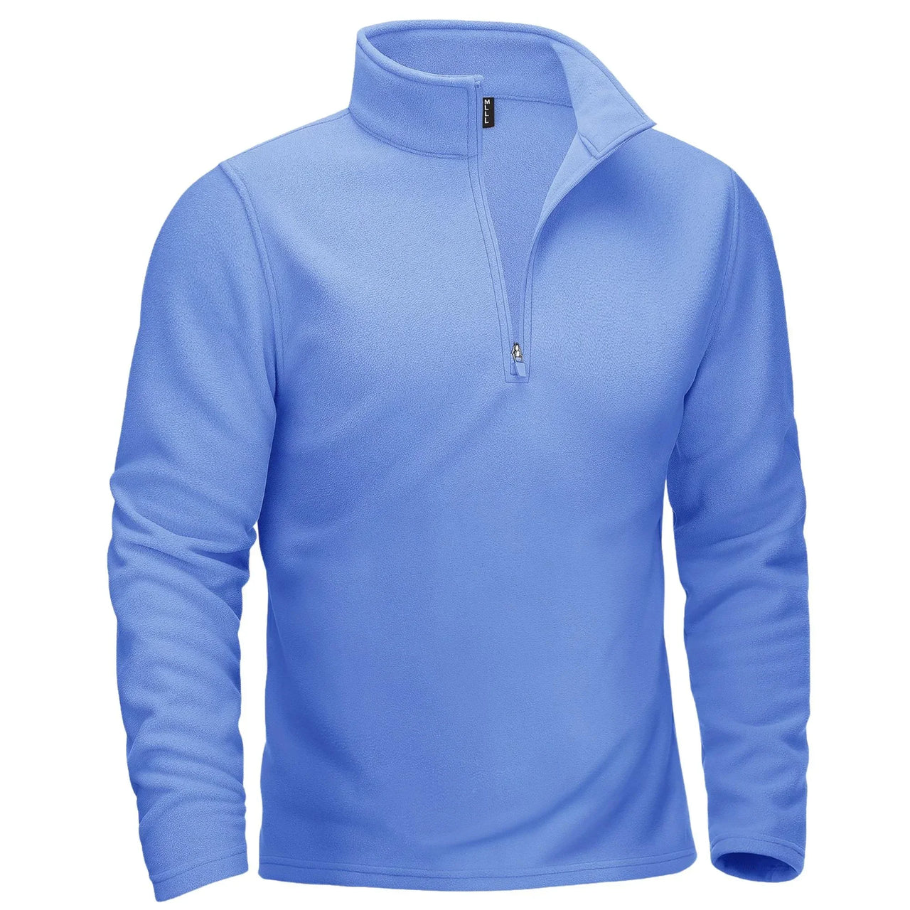 Blue long-sleeve shirt with a quarter zip on a white background