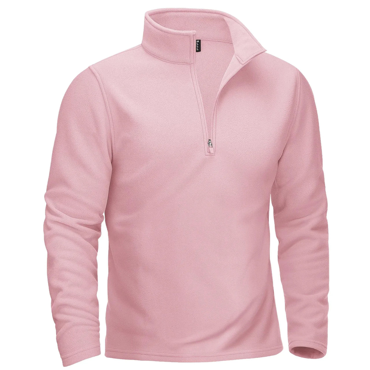 Men's pink pullover with a quarter zip on a white background