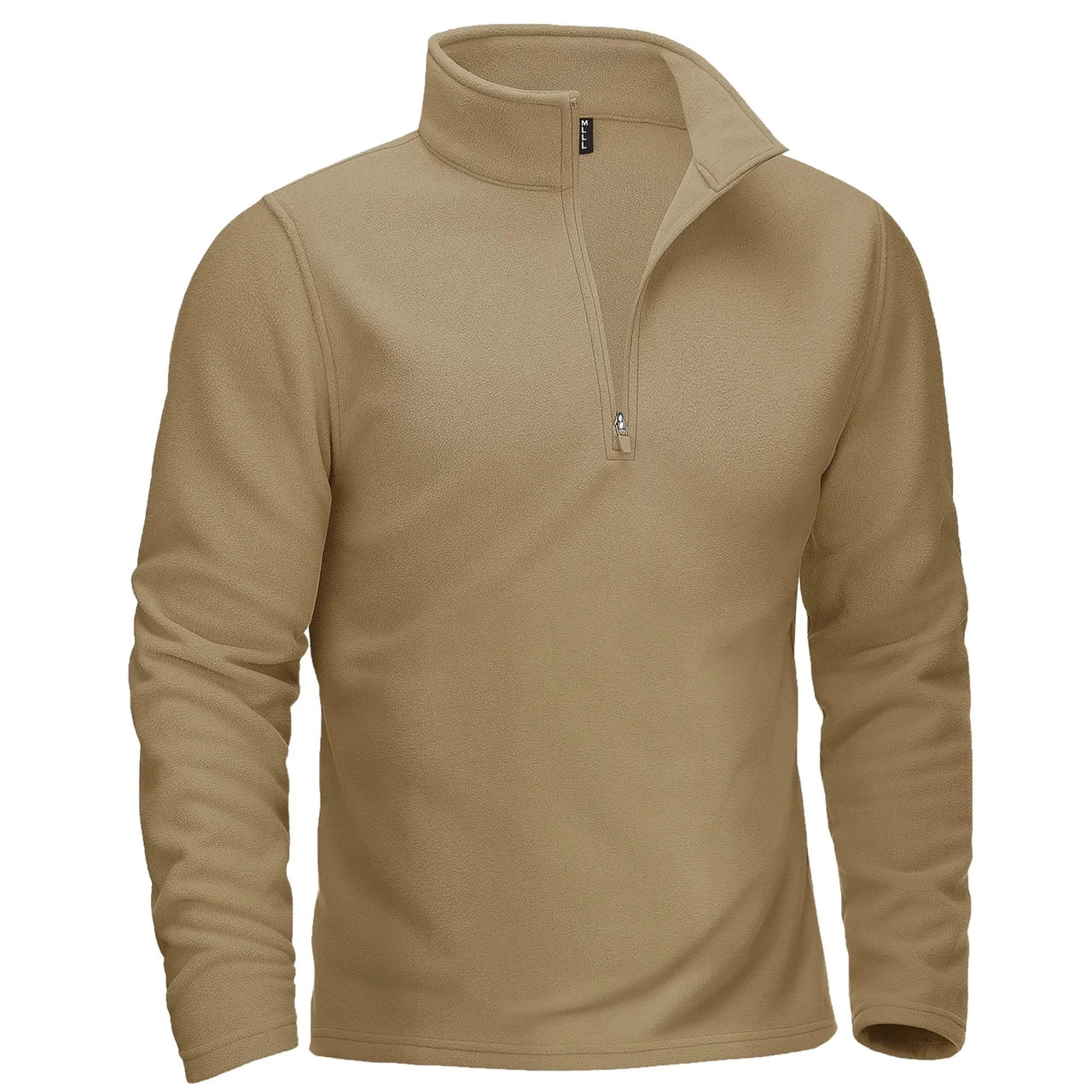 Khaki Brown long-sleeve shirt with a quarter zip on a white background