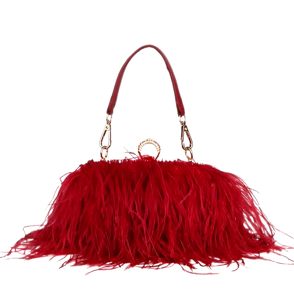 Shop Drestiny for the chic Red Ostrich Feather Clutch! With a removable shoulder strap and satin interior, it's a must-have accessory. Enjoy free shipping and let us cover the tax. Don't miss out on up to 50% off for a limited time!