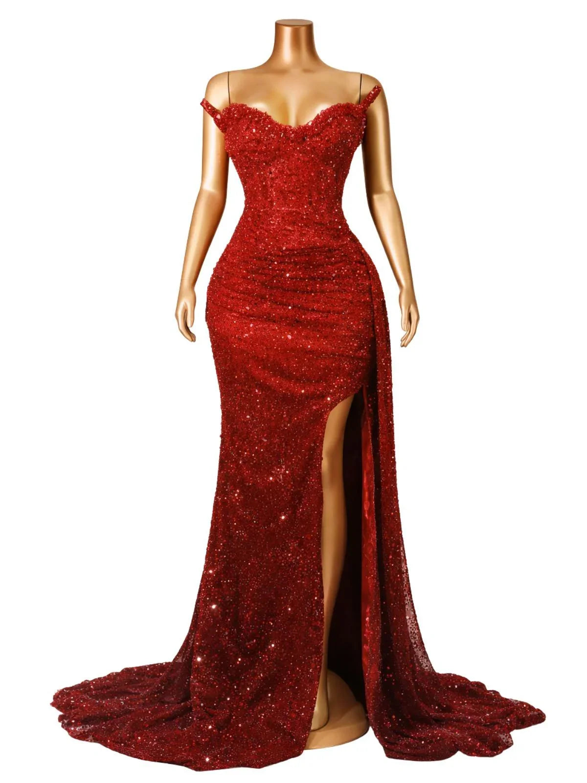Red sequin strapless mermaid evening gown on a mannequin against a white background.