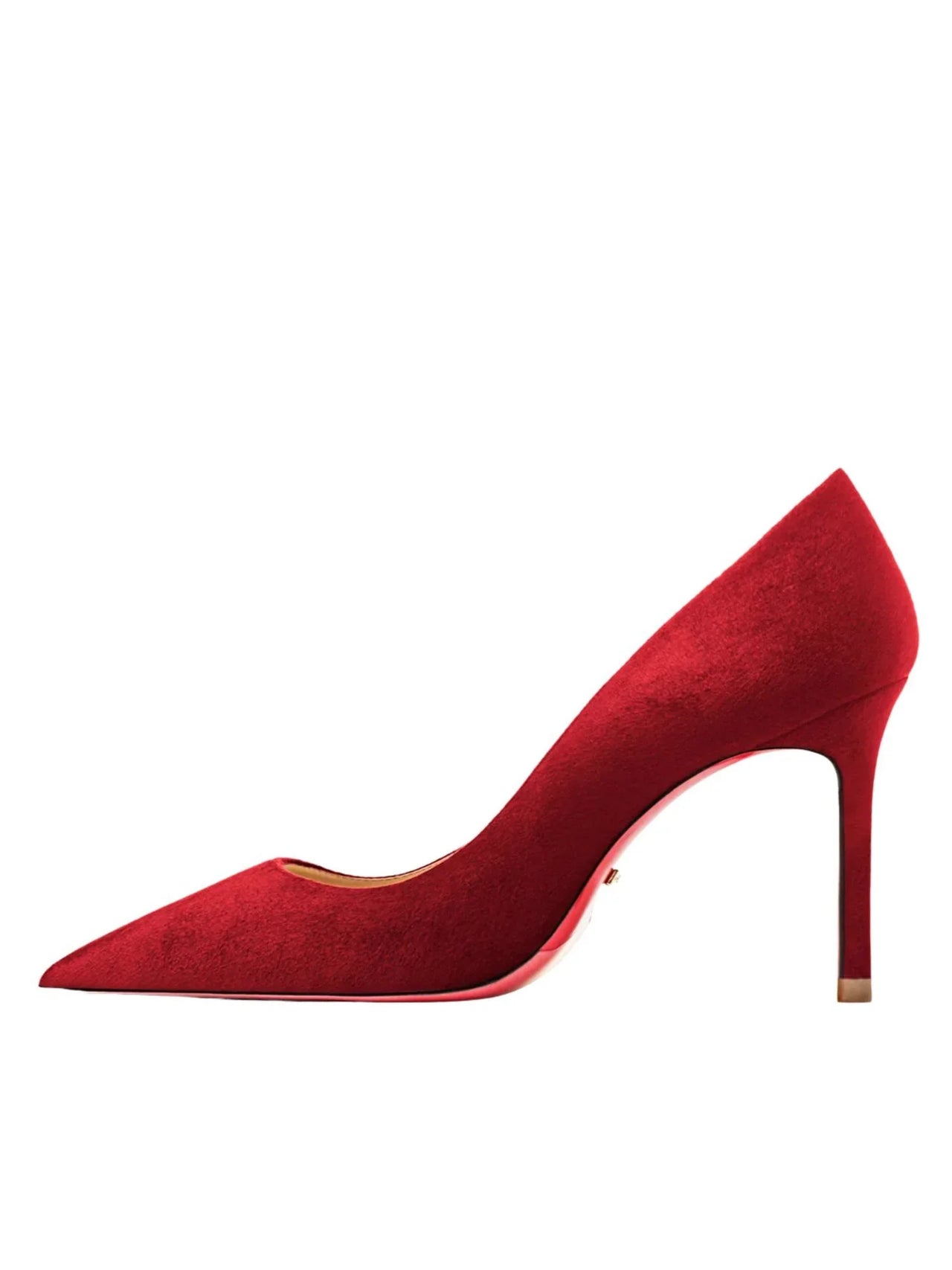 Red high-heeled shoe with a red sole on a white background