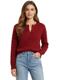 Thumbnail for Woman wearing a red cable knit cardigan and blue jeans on a white background