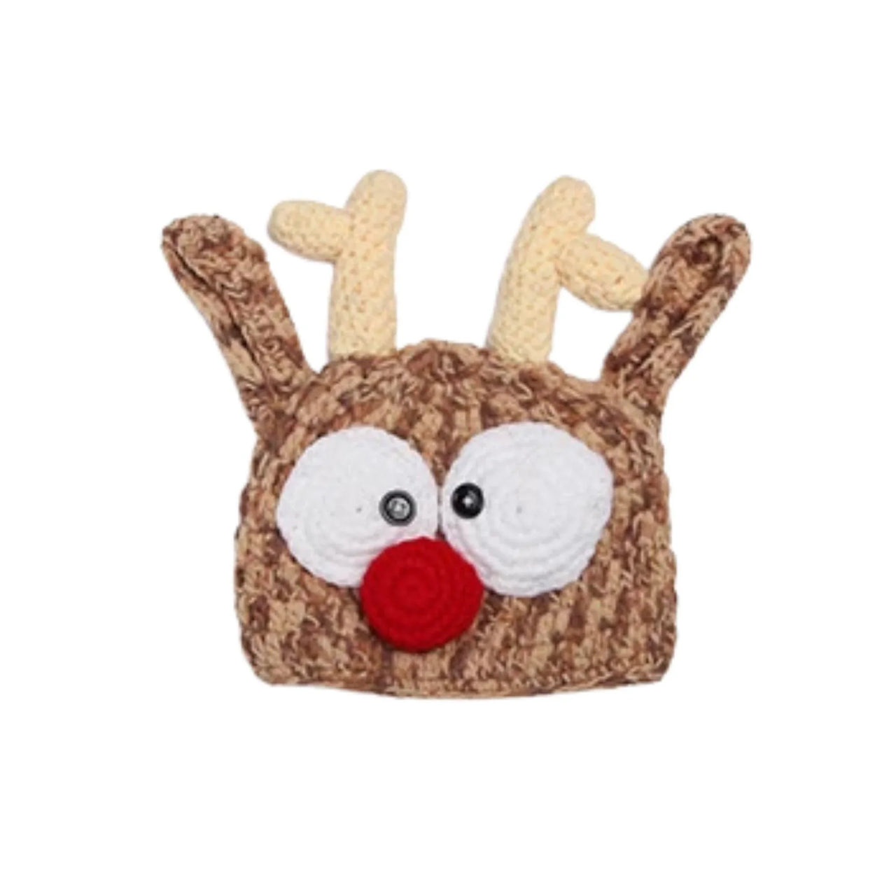 Crocheted reindeer hat with antlers, white face, and red nose on a white background