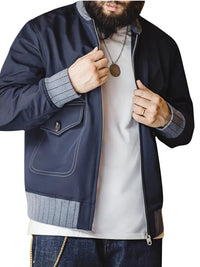Thumbnail for Retro Men's A1 Flight Jacket in Navy with Contrast Color Splicing Baseball Coat for Men's Overcoat Spring and Autumn, Drestiny, Jackets, Bomber Jackets, Navy, S, M, L, XL, XXL, 2XL, United States, USA, Canada, Australia, New Zealand, United Kingdom, UK, Retro A1 flight jacket men's, Vintage A1 bomber jacket men, Men's A1 flight jacket for sale, Classic A1 flight jacket, Retro men's A1 flight jacket, Vintage A1 flying jacket mens, Leather A1 bomber jacket UK, Men's A1 flight jacket online, shopdrestiny.com
